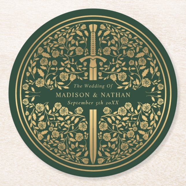 Green Royal Medieval Sword Wedding Round Paper Coaster (Front)