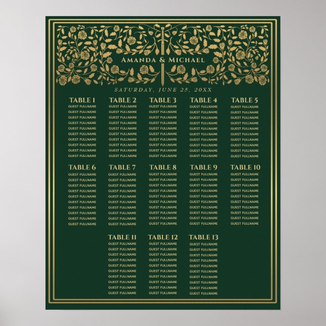 Green Royal Medieval Sword Wedding Seating Chart (Front)