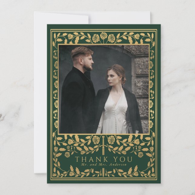 Green Royal Medieval Sword Wedding  Thank You Card (Front)