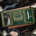 Green Royal Medieval Sword Wedding Tri-Fold Invitation<br><div class="desc">Announce your wedding in style with this medieval fantasy tri-fold invitation! This invite features a majestic gold sword and florals, with a special photo of the couple against a green background—the perfect mix of romance and adventure. NOTE: This design does NOT feature real foil. The placeholder image was provided by...</div>