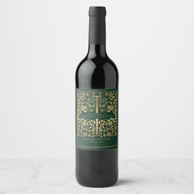 Green Royal Medieval Sword Wedding Wine Label (Front)