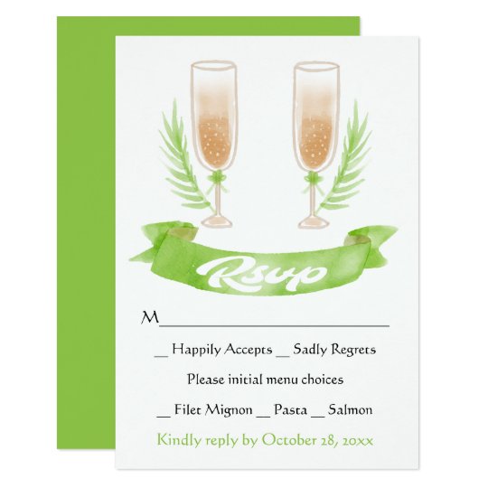 Green RSVP Watercolor Champagne Glasses Wedding Card