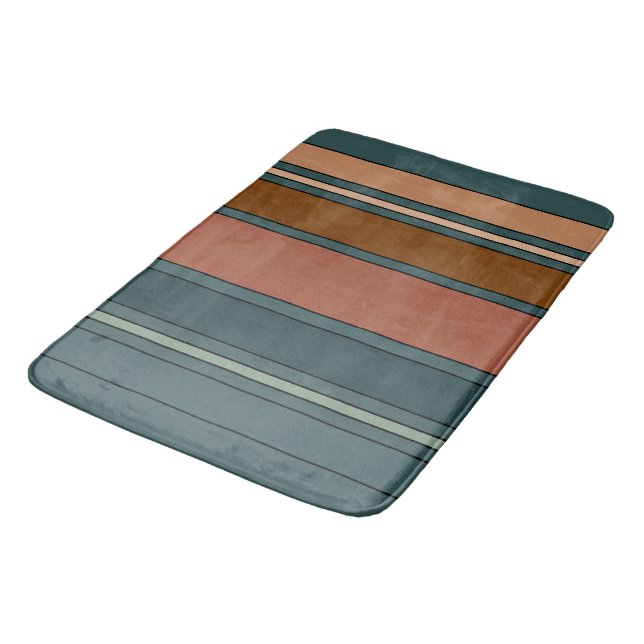 Green Rust and Clay Stripes Shower Curtain Bath Mat (Angled)