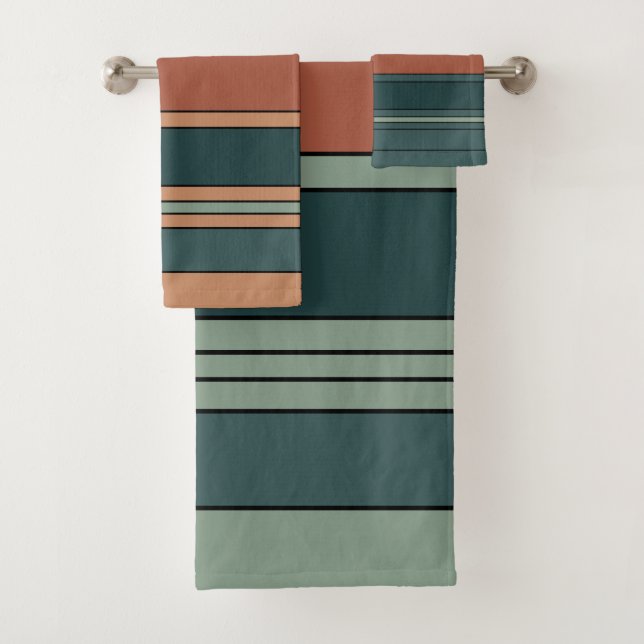 Green Rust and Clay Stripes Shower Curtain Bath Towel Set (Insitu)