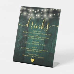 Green Rustic Barn Wood String Lights Drinks Menu Pedestal Sign