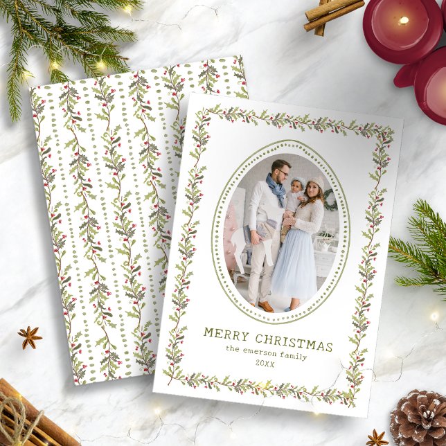 Green Rustic Botanical Christmas Card (Holiday Vintage Green Rustic Botanical Christmas Photo Card by Painted Paperie
)