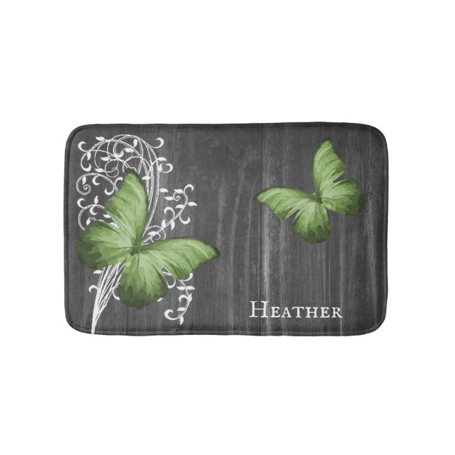 Green Rustic Butterfly Personalized Bath Mat (Front)