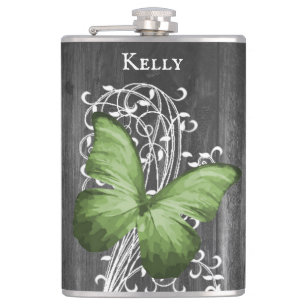 Green Rustic Butterfly Personalized Flask