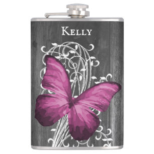 Green Rustic Butterfly Personalized Flask