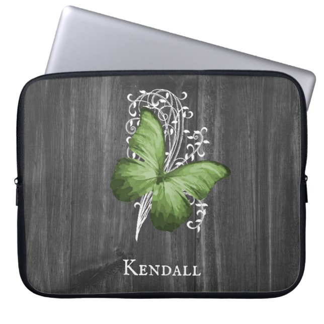 Green Rustic Butterfly Personalized Laptop Sleeve (Front)