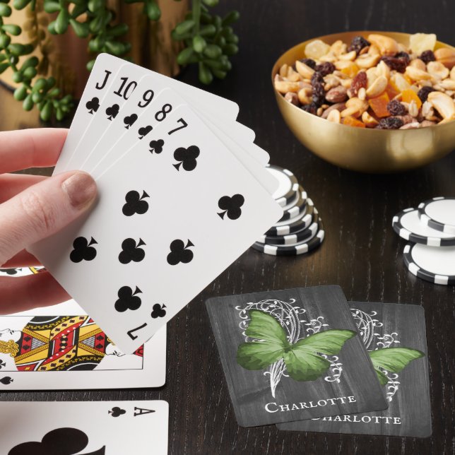 Green Rustic Butterfly Personalized Playing Cards (In Situ)