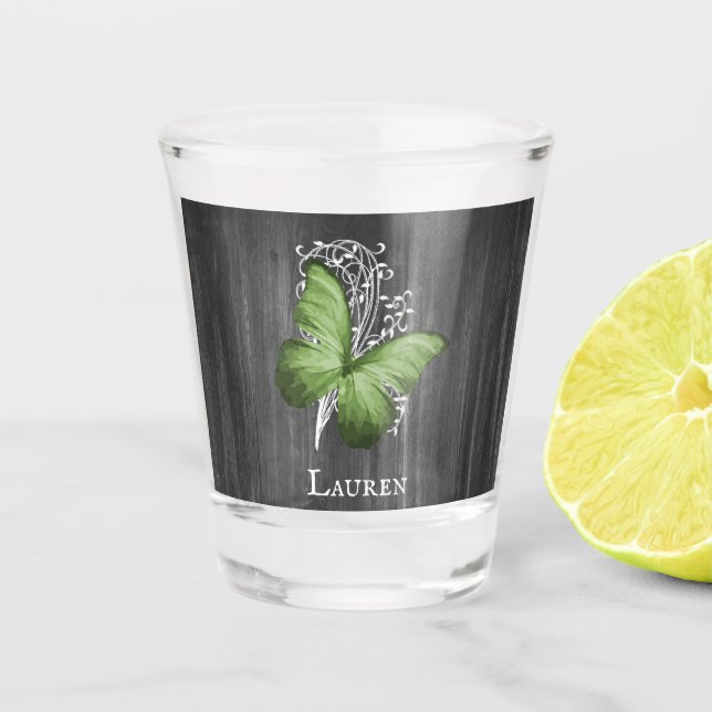 Green Rustic Butterfly Personalized Shot glass (Front)