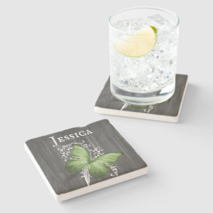 Green Rustic Butterfly Personalized Stone Coaster