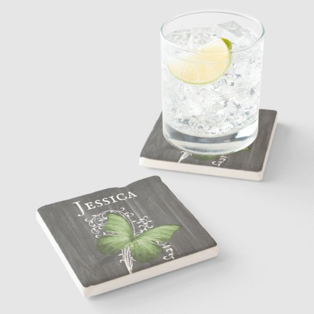 Green Rustic Butterfly Personalized Stone Coaster (Side)