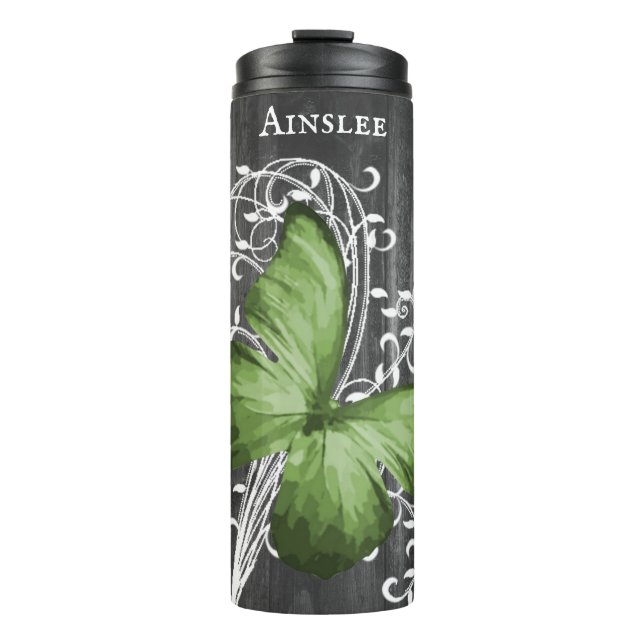 Green Rustic Butterfly Personalized Thermal Tumbler (Front)