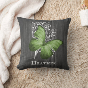 Green Rustic Butterfly Personalized Throw Pillow