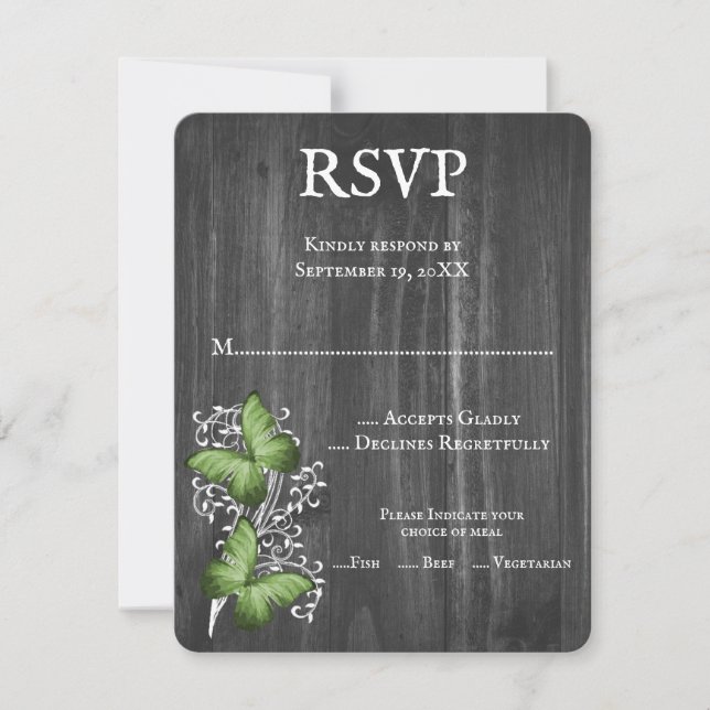 Green Rustic Butterfly Wedding RSVP Card (Front)