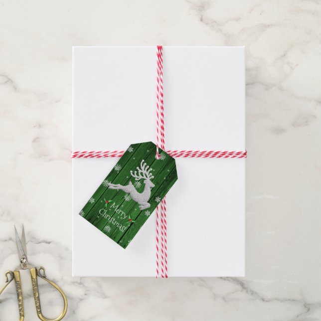 Green Rustic Christmas Reindeer Gift Tag (With Twine)