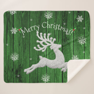 Green Rustic Christmas Reindeer Sherpa Blanket