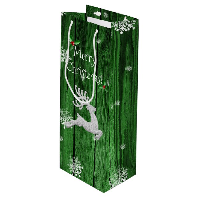 Green Rustic Christmas Reindeer Wine Gift Bag (Front Angled)