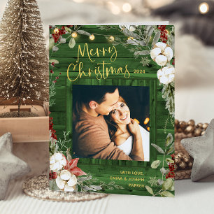 Green Rustic Christmas Winter Floral and Photo Holiday Card