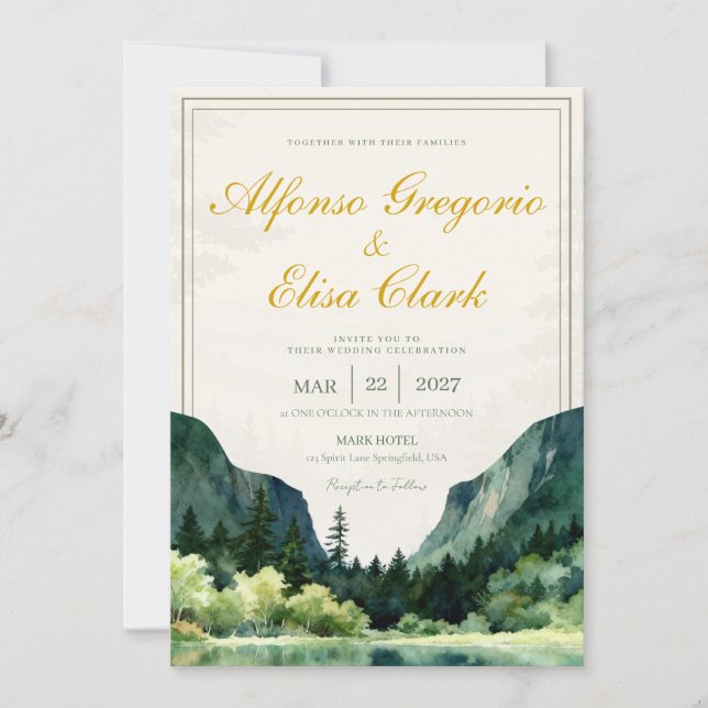 Green Rustic Classic Watercolor Monogram Wedding  Invitation (Front)