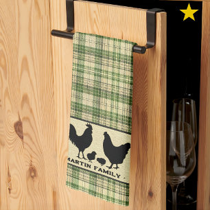 Green Rustic Farmhouse Plaid Chicken Family Name Kitchen Towel