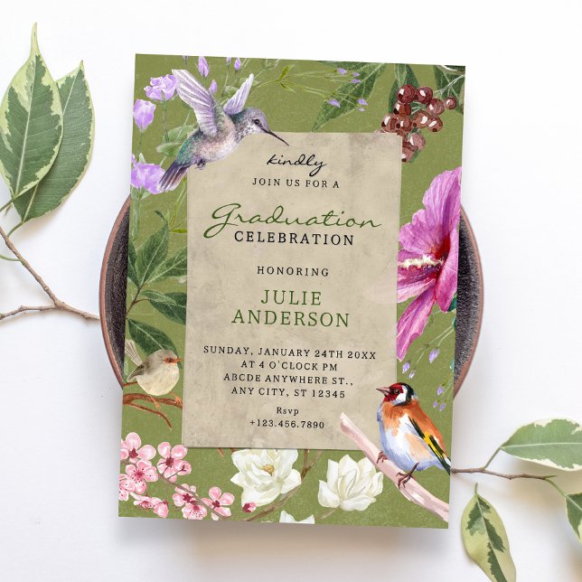 Green rustic floral bird art graduation invitation (Creator Uploaded)