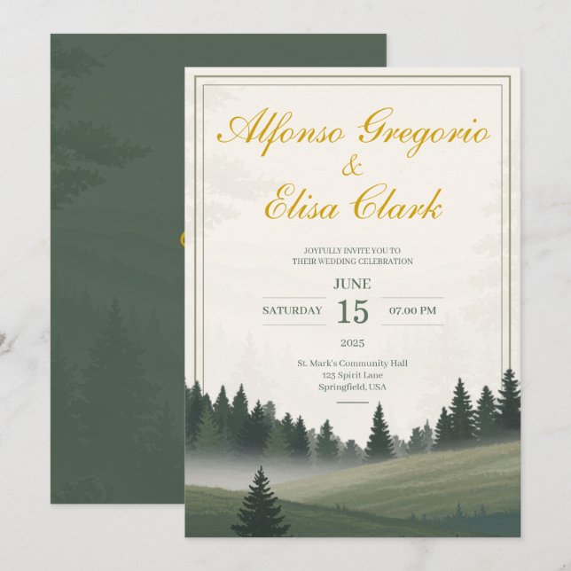 Green Rustic Forest Classic Watercolor Wedding Invitation (Front/Back)