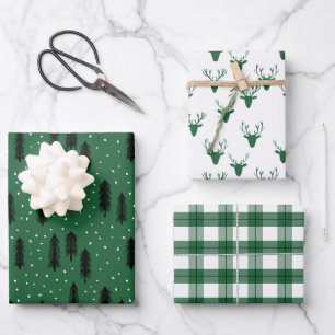 Green Rustic Holiday Patterns Woods Trees Plaid Wrapping Paper Sheet
