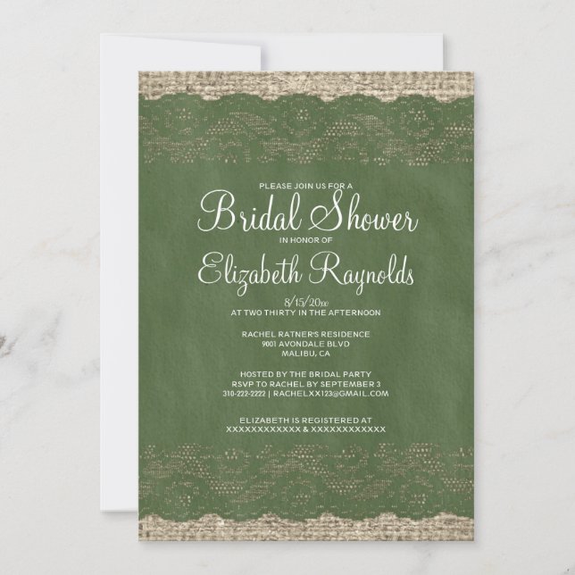 Green Rustic Lace Bridal Shower Invitations (Front)