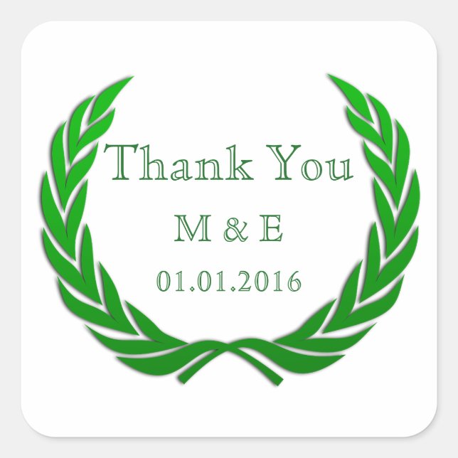 Green Rustic Laurel Wreath Personalized Thank You Square Sticker (Front)