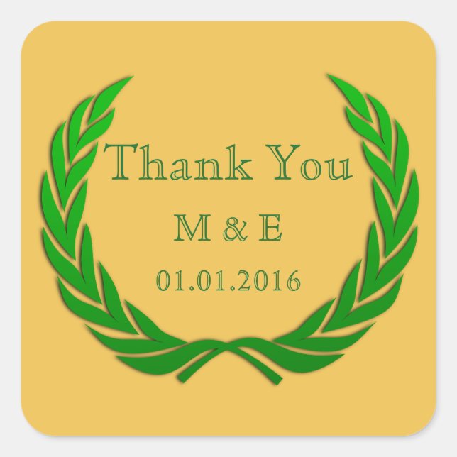 Green Rustic Laurel Wreath Personalized Thank You Square Sticker (Front)