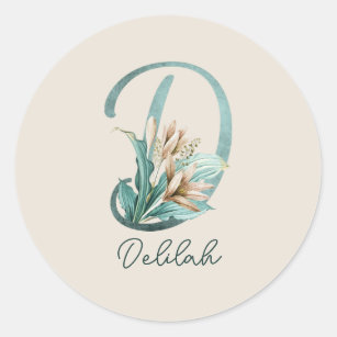Green Rustic Off-White Lilies Letter D Monogram Classic Round Sticker