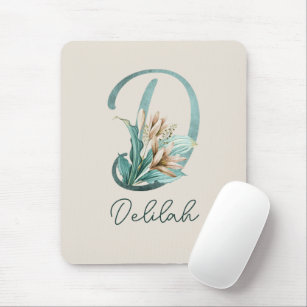 Green Rustic Off-White Lilies Letter D Monogram Mouse Pad