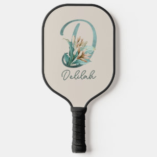 Green Rustic Off-White Lilies Letter D Monogram Pickleball Paddle