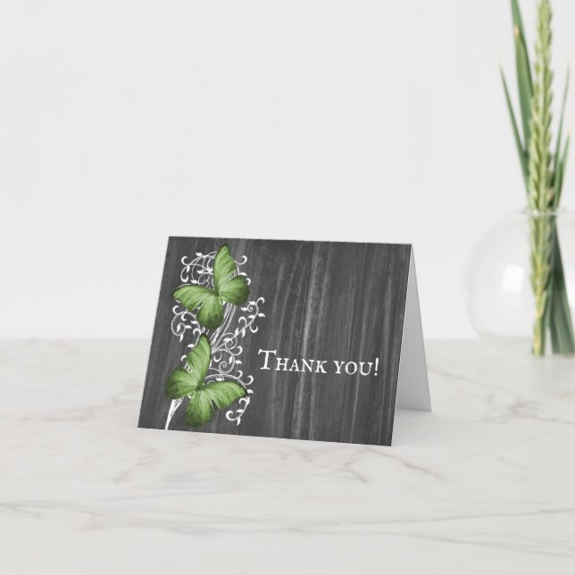 Green Rustic Papillon Mariage Merci Cartes (Devant)