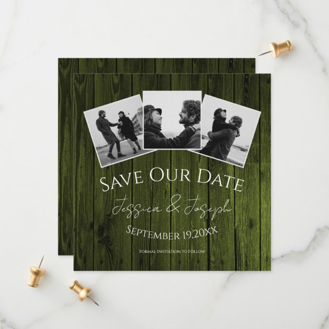 Green Rustic Photo Collage Save The Date (Front/Back In Situ)