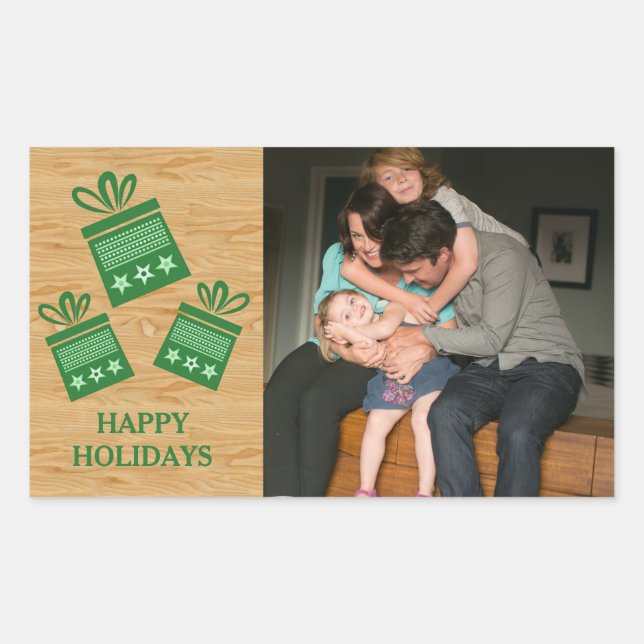 Green Rustic Presents Holiday Photo Stickers (Front)