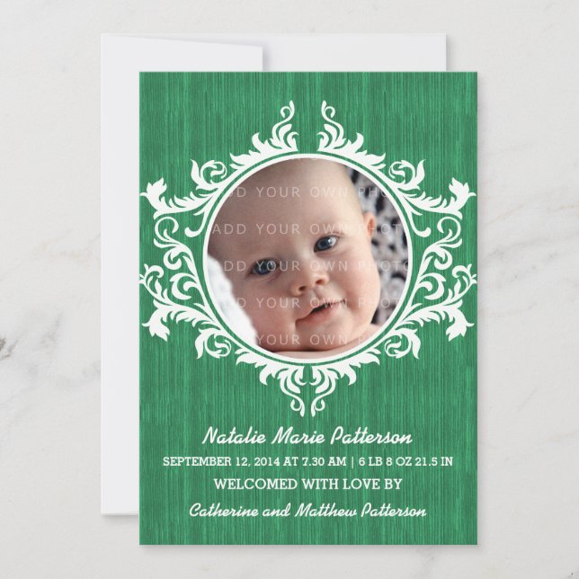 Green Rustic Swirls Baby Announcement (Front)