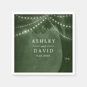 Green Rustic Tree Initials String Lights Wedding Napkin