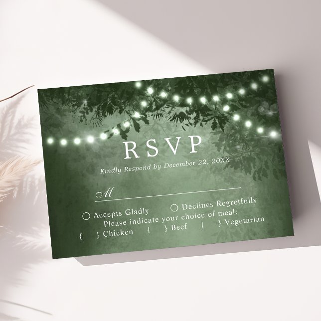 Green Rustic Tree Lights Woodland Wedding RSVP Card (Creator Uploaded)