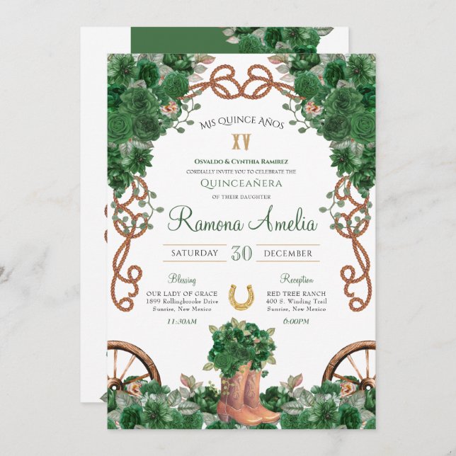 Green Rustic Western Charro Cowboy Boots Quince  Invitation (Front/Back)