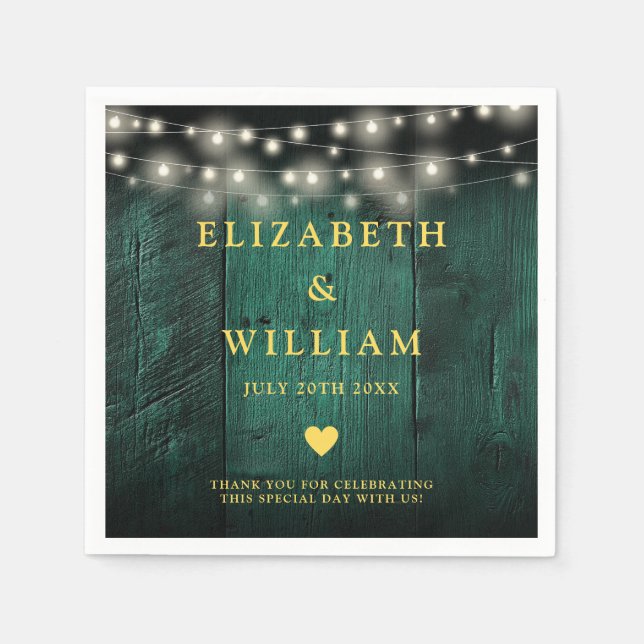 Green Rustic Wood Boho Barn String Lights Wedding Napkin (Front)