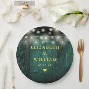Green Rustic Wood Boho Barn String Lights Wedding Paper Plate
