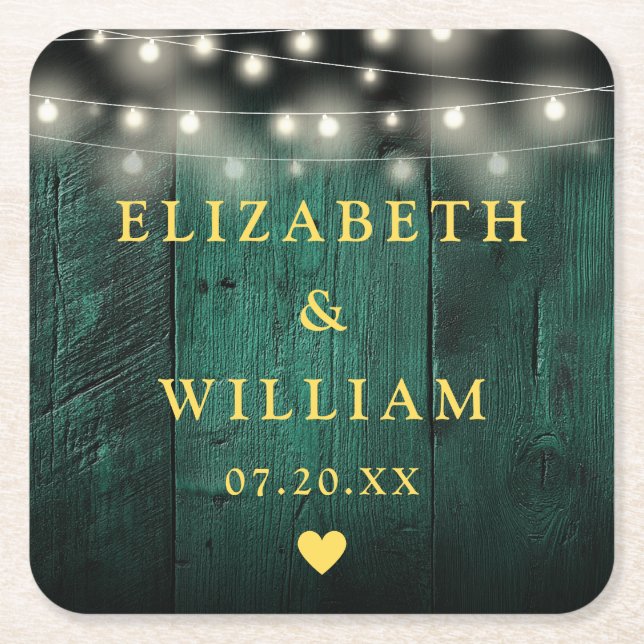 Green Rustic Wood Boho Barn String Lights Wedding Square Paper Coaster (Front)
