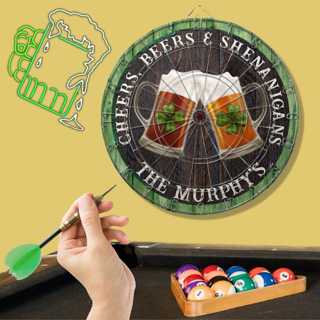 Green Rustic Wood Cheers Beers and Shenanigans   Dartboard (Creator Uploaded)
