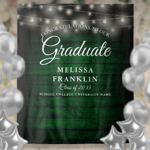 Green Rustic Wood String Lights Graduate Backdrop Tapestry