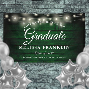 Green Rustic Wood String Lights Graduation Banner