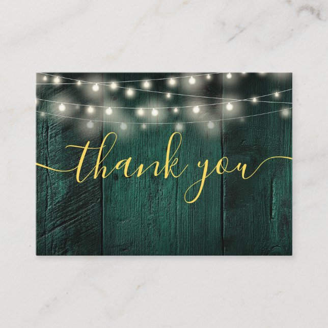 Green Rustic Wood String Lights Wedding Thank You Place Card (Front)